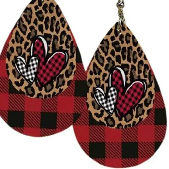 Heart Earrings Red Buffalo Plaid Leopard Dangle Drop Dangling Valentines Jewelry - Picture 3 of 3